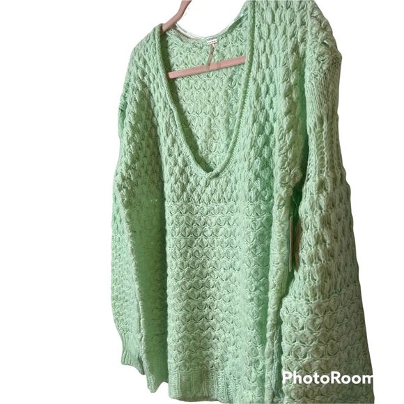 Free People Crashing Waves Open-Knit Chunky Oversized Sweater Mint Green Large - Picture 5 of 11